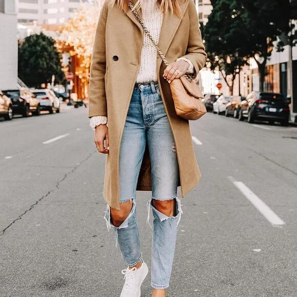 Women's Winter Wool Coat Mid-Long Notch Lapel Single Breasted Peacoat Casual Tre